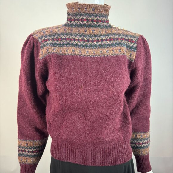 Ralph Lauren 80 Womens Fair Isle Wool Sweater L Maroon & Multi High Neck Button - Picture 14 of 16